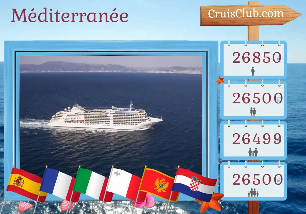 Croisière en Méditerranée de Barcelone à Venise à bord du navire Silver Moon avec des visites en Espagne, en France, en Italie, à Malte, au Monténégro et en Croatie pendant 22 jours