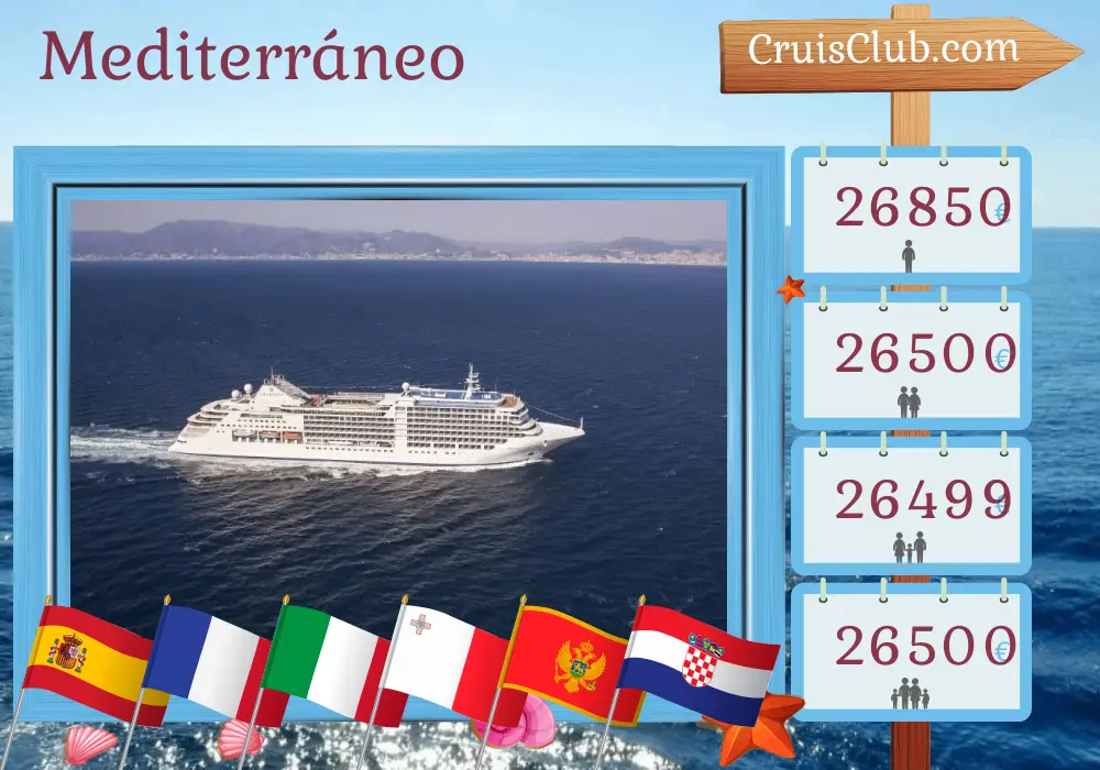 Crucero por el Mediterráneo desde Barcelona a Venecia a bordo del barco Silver Moon con visitas a España, Francia, Italia, Malta, Montenegro y Croacia durante 22 días