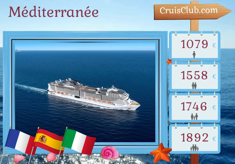 Croisière en Méditerranée au départ de Marseille à bord du navire MSC Grandiosa avec des visites en France, en Espagne, en Tunisie et en Italie pendant 8 jours