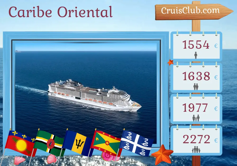 Cruzeiro no Caribe Oriental saindo de Pointe-à-Pitre a bordo do navio MSC Virtuosa com visitas a Guadalupe, Dominica, Barbados, São Vicente e Granadinas, Granada, e Martinica por 8 dias