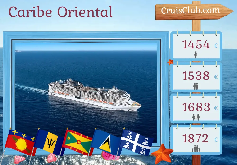 Cruzeiro no Caribe Oriental a partir de Pointe-à-Pitre a bordo do navio MSC Virtuosa com visitas a Guadalupe, São Vicente e Granadinas, Barbados, Granada, Santa Lúcia e Martinica por 8 dias