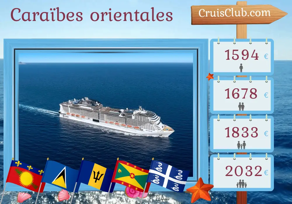 Croisière dans les Caraïbes de l`Est au départ de Pointe-à-Pitre à bord du navire MSC Virtuosa avec des visites en Guadeloupe, à Sainte-Lucie, à la Barbade, à Saint-Vincent-et-les-Grenadines, à la Grenade et en Martinique pendant 8 jours
