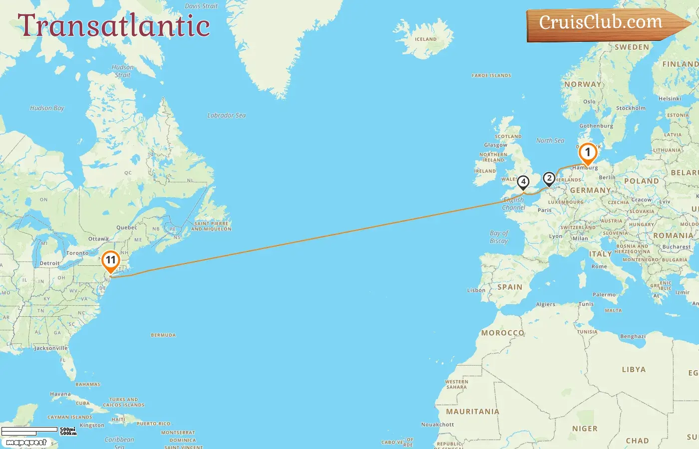 Cruise in the Transatlantic from Hamburg to New York aboard Queen Mary 2 ship with visits to Germany, Belgium, and USA for 11 days