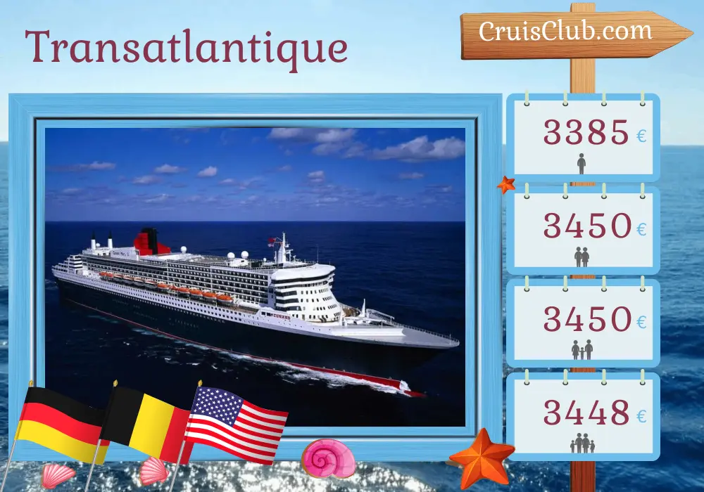 Croisière en transatlantique de Hambourg à New York à bord du Queen Mary 2 avec des visites en Allemagne, en Belgique et aux États-Unis pendant 11 jours