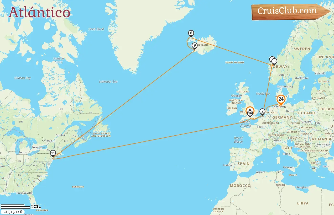 Crucero en el Transatlántico desde Southampton a Hamburgo a bordo del barco Queen Mary 2 con visitas a Bélgica, Noruega, EE. UU. y Alemania durante 24 días