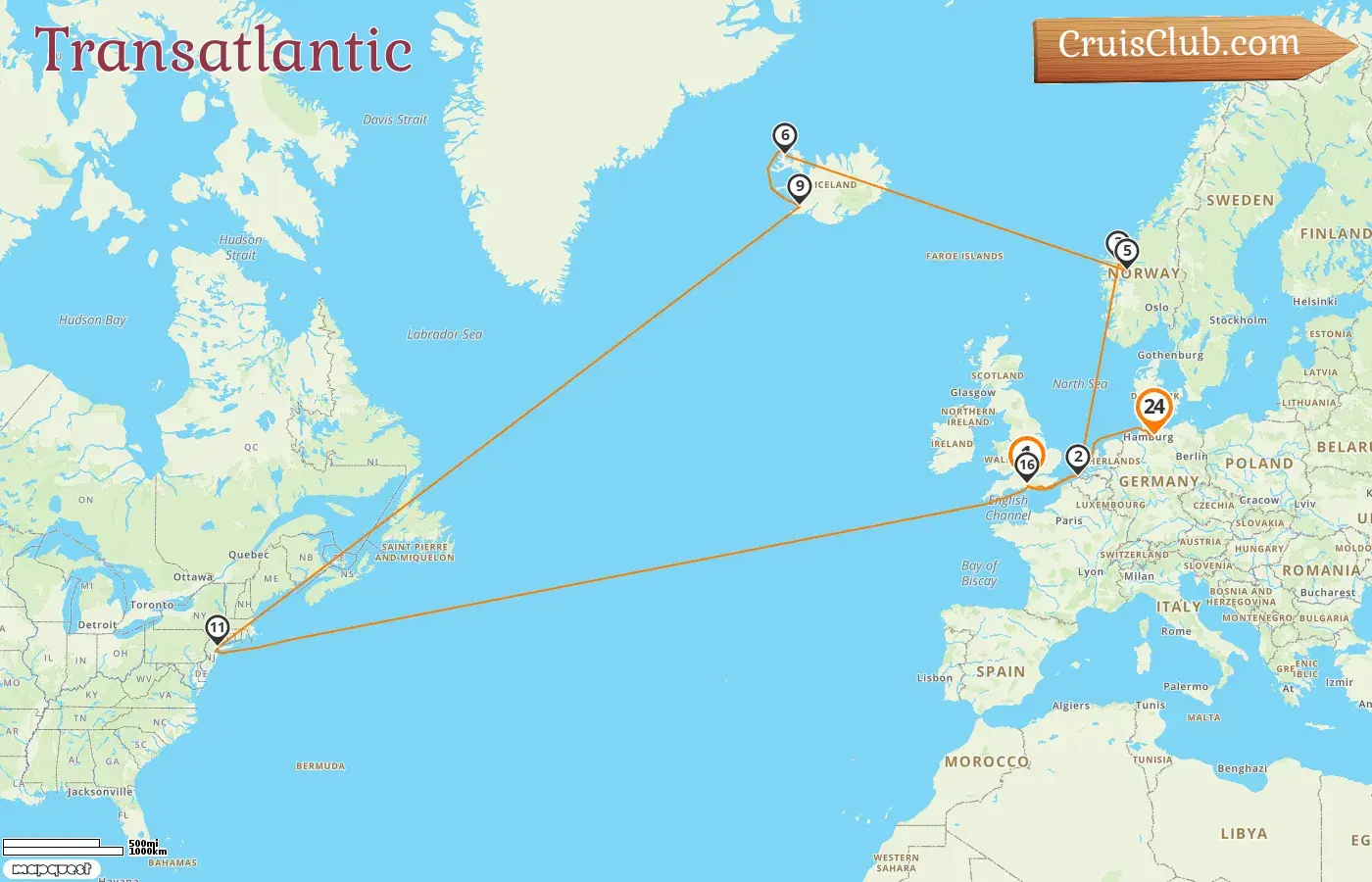 Cruise in the Transatlantic from Southampton to Hamburg aboard Queen Mary 2 ship with visits to Belgium, Norway, USA, and Germany for 24 days