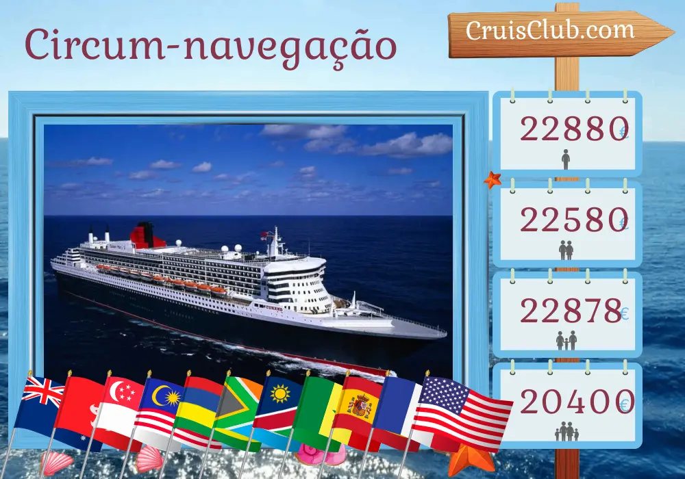Cruzeiro Volta ao Mundo de Sydney a Nova Iorque a bordo do navio Queen Mary 2 com visitas à Austrália, Indonésia, Hong Kong, Vietnã, Singapura, Malásia, Maurício, África do Sul, Namíbia, Senegal, Espanha, França e EUA por 66 dias