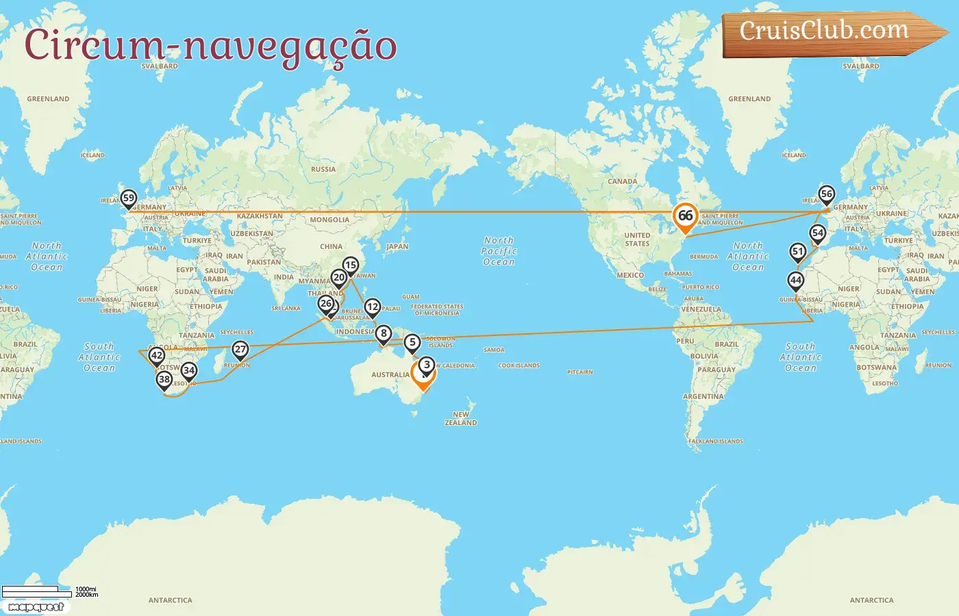 Cruzeiro Volta ao Mundo de Sydney a Nova Iorque a bordo do navio Queen Mary 2 com visitas à Austrália, Indonésia, Hong Kong, Vietnã, Singapura, Malásia, Maurício, África do Sul, Namíbia, Senegal, Espanha, França e EUA por 66 dias