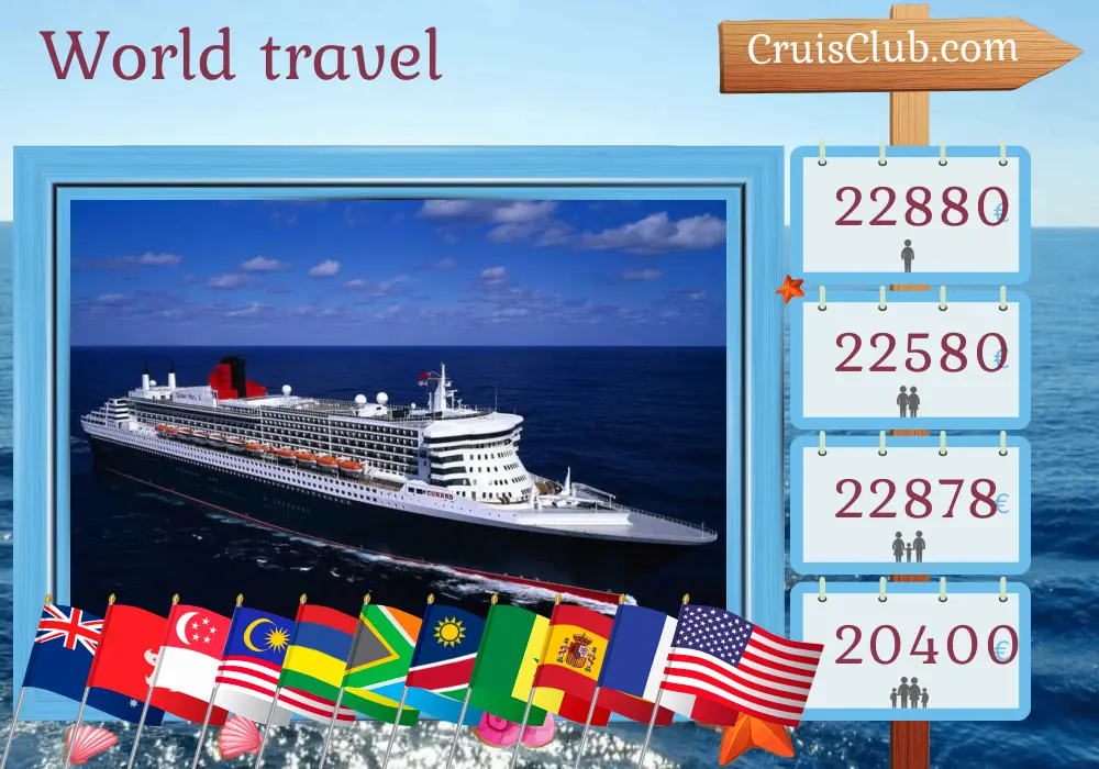 Kreuzfahrt "Weltreise von Sydney nach New York an Bord des Schiffes Queen Mary 2 mit Stopps in Australien, Indonesien, Hongkong, Vietnam, Singapur, Malaysia, Mauritius, Südafrika, Namibia, Senegal, Spanien, Frankreich und den USA für 66 Tage