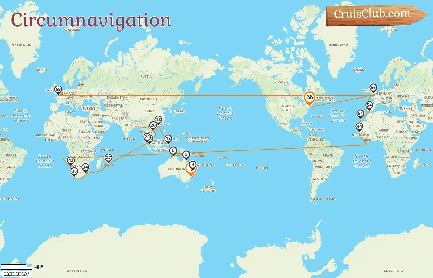 Croisière dans le monde de Sydney à New York à bord du navire Queen Mary 2 avec des visites en Australie, en Indonésie, à Hong Kong, au Vietnam, à Singapour, en Malaisie, à Maurice, en Afrique du Sud, en Namibie, au Sénégal, en Espagne, en France et aux États-Unis pendant 66 jours