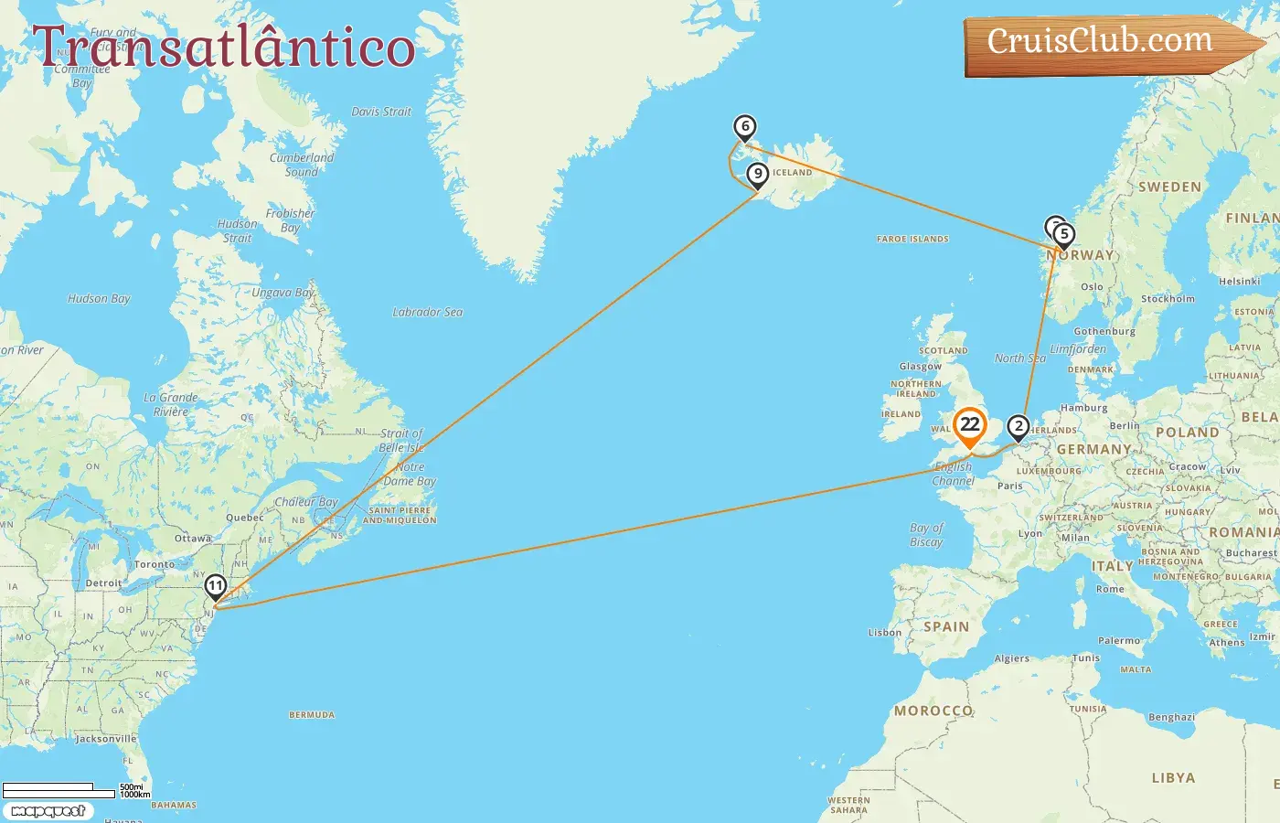 Cruzeiro transatlântico a bordo do navio Queen Mary 2 com paradas na Bélgica, Noruega e EUA por 22 dias