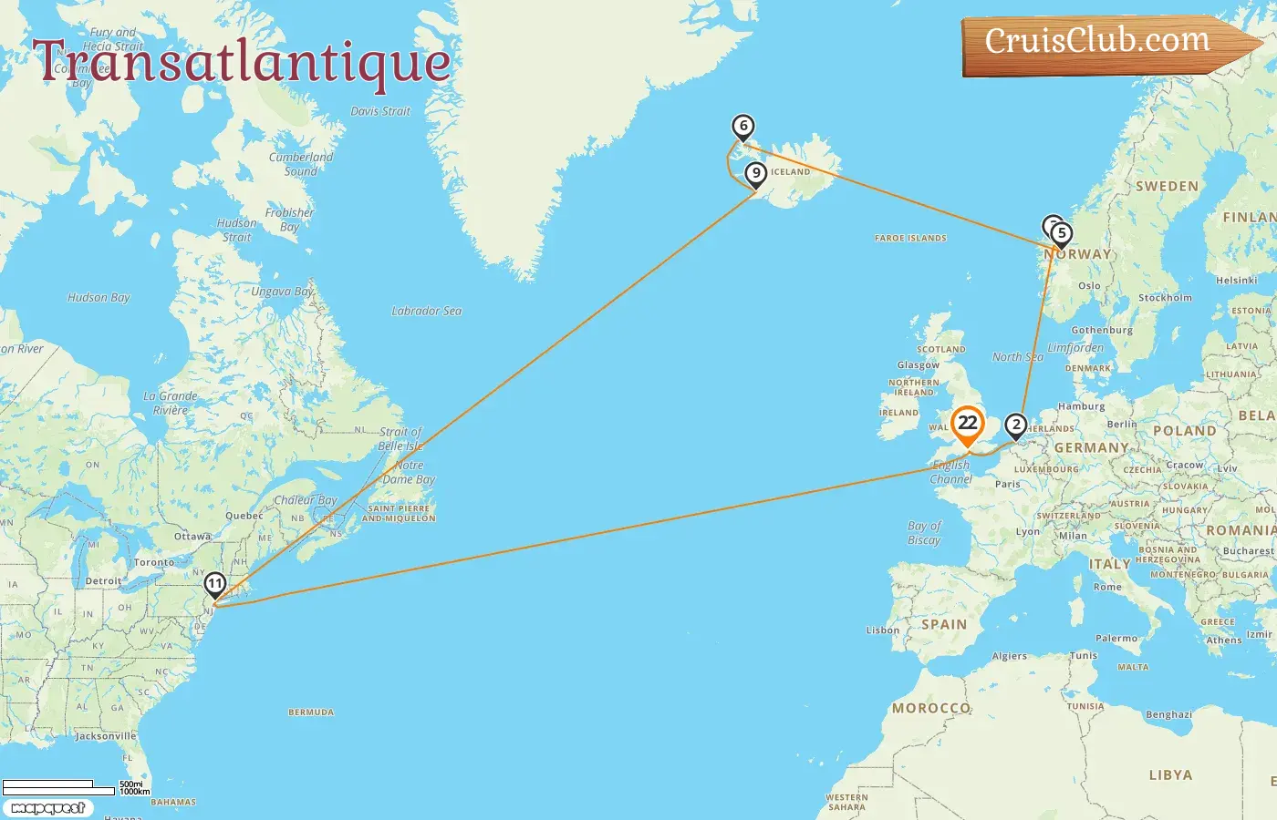 Croisière transatlantique depuis Southampton à bord du navire Queen Mary 2 avec des escales en Belgique, en Norvège et aux États-Unis pendant 22 jours