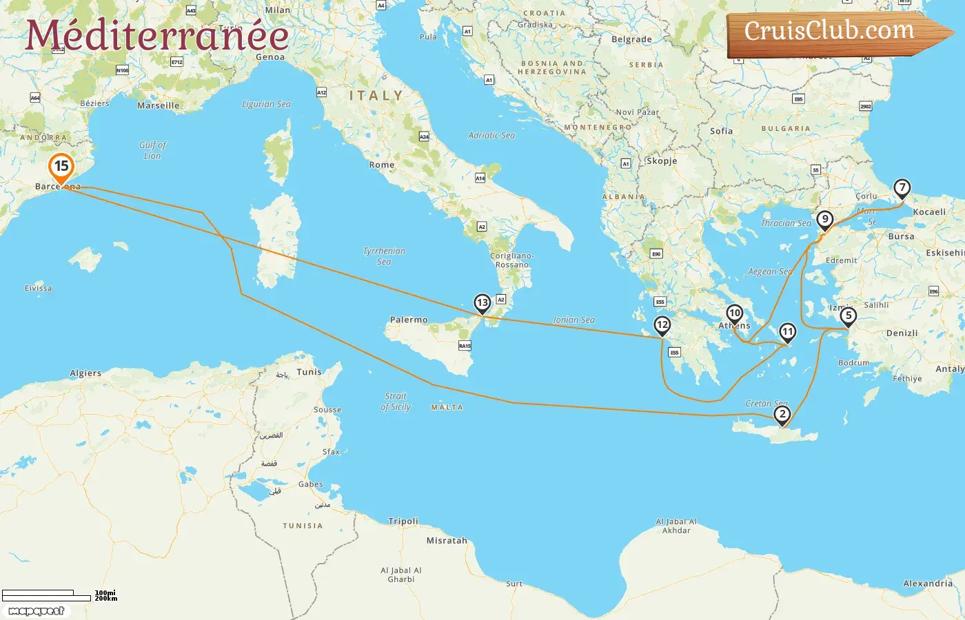 Croisière en Méditerranée au départ de Barcelone à bord du navire Queen Victoria avec des escales en Espagne, en Grèce, en Turquie et en Italie pendant 15 jours