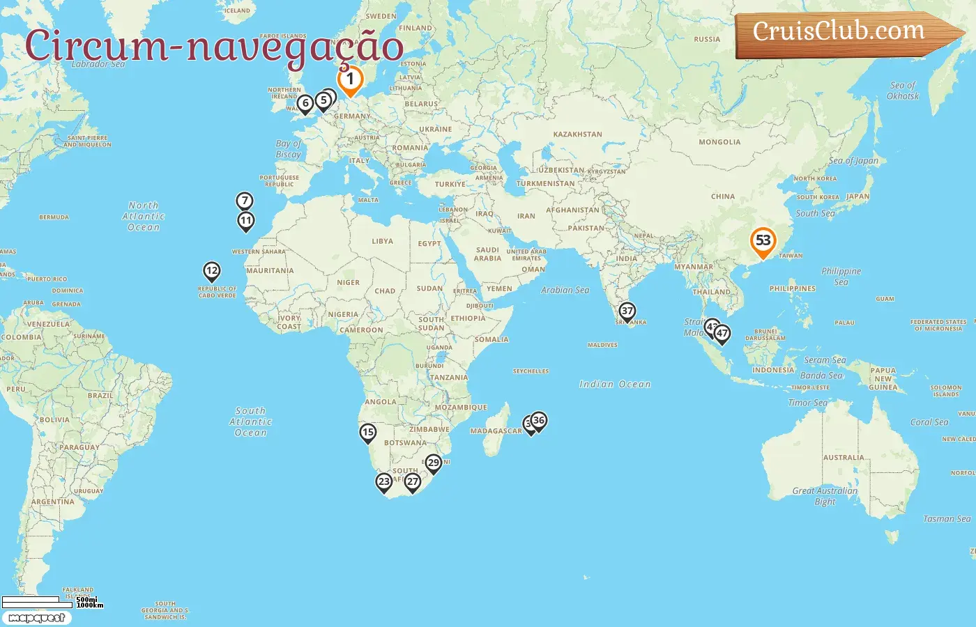 Cruzeiro no Mundo da viagem de Hamburgo a Hong Kong a bordo do navio Queen Anne com visitas à Alemanha, Bélgica, Portugal, Espanha, Namíbia, África do Sul, Reunião, Maurícia, Sri Lanka, Malásia, Singapura e Hong Kong por 53 dias