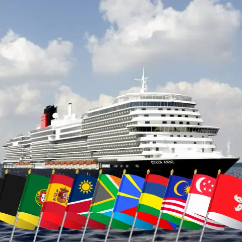 Crucero Vuelta al Mundo desde Hamburgo hasta Hong Kong a bordo del barco Queen Anne con visitas a Alemania, Bélgica, Portugal, España, Namibia, Sudáfrica, Reunión, Mauricio, Sri Lanka, Malasia, Singapur y Hong Kong durante 53 días
