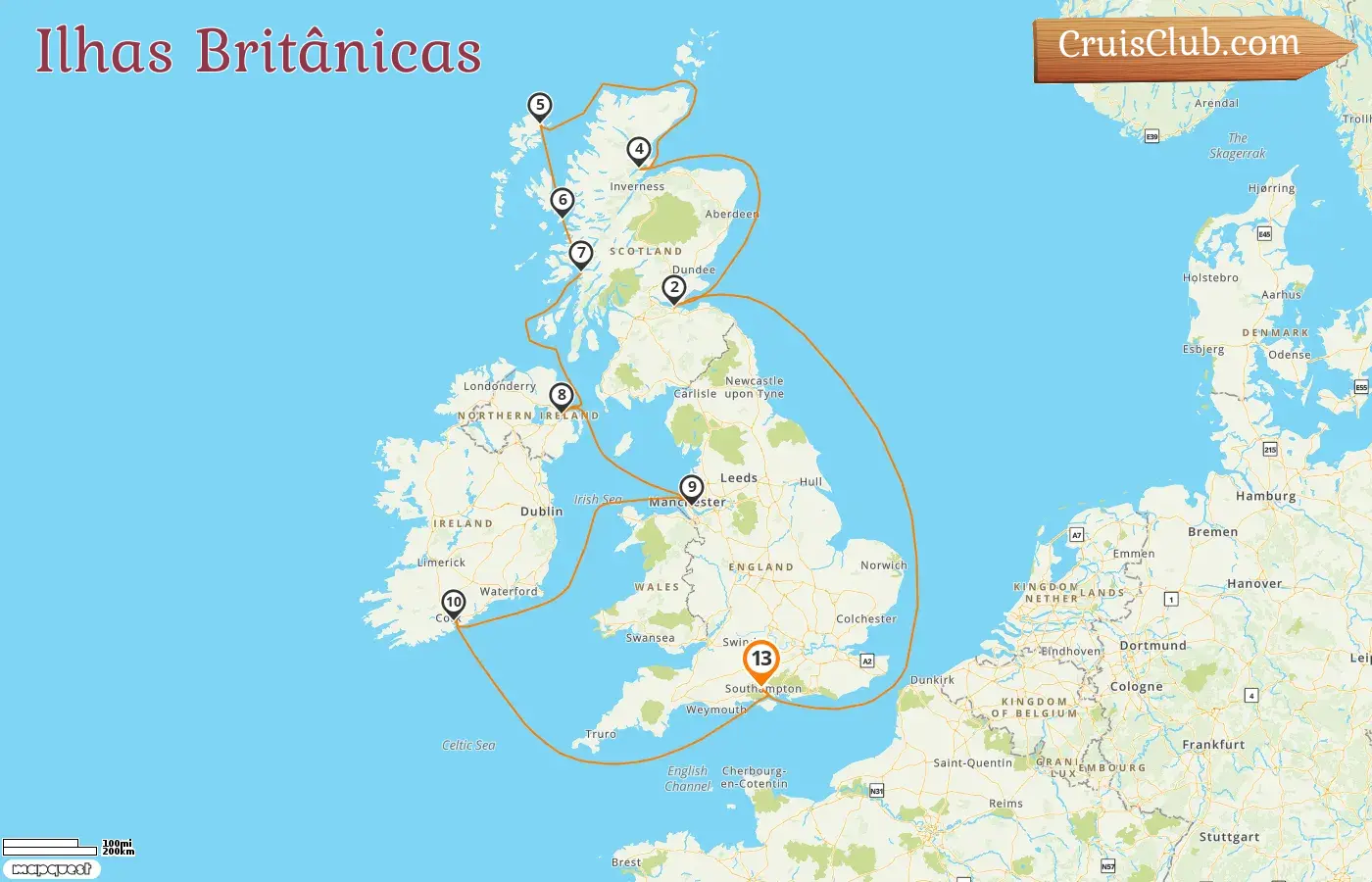 Cruzeiro pelas Ilhas Britânicas a partir de Southampton a bordo do navio Queen Anne com visitas à Irlanda por 13 dias
