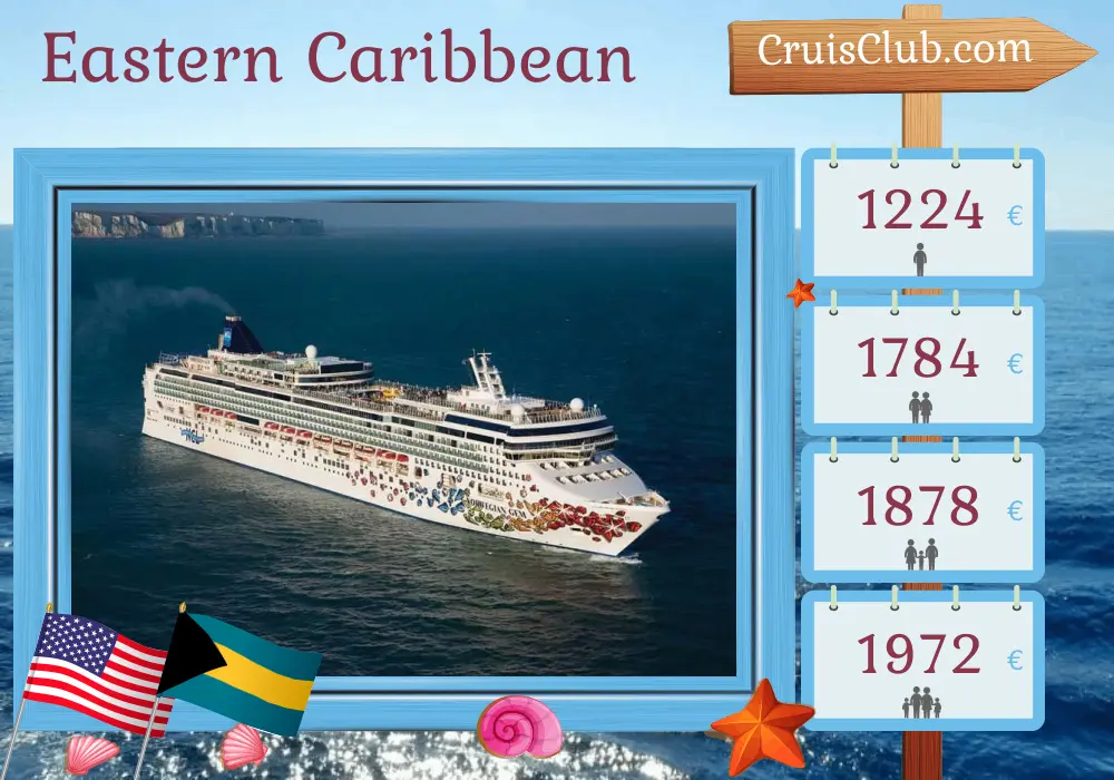 Kreuzfahrt in der östlichen Karibik ab Jacksonville an Bord des Schiffes Norwegian Gem mit Besuchen in den USA, den Bahamas, der Dominikanischen Republik, den Britischen Jungferninseln und Puerto Rico für 12 Tage