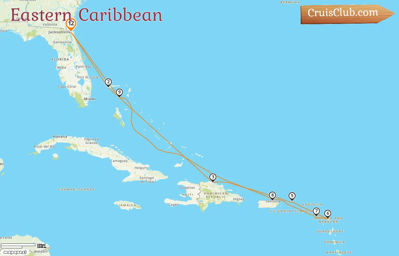 Kreuzfahrt in der östlichen Karibik ab Jacksonville an Bord des Schiffes Norwegian Gem mit Besuchen in den USA, den Bahamas, der Dominikanischen Republik, den Britischen Jungferninseln und Puerto Rico für 12 Tage