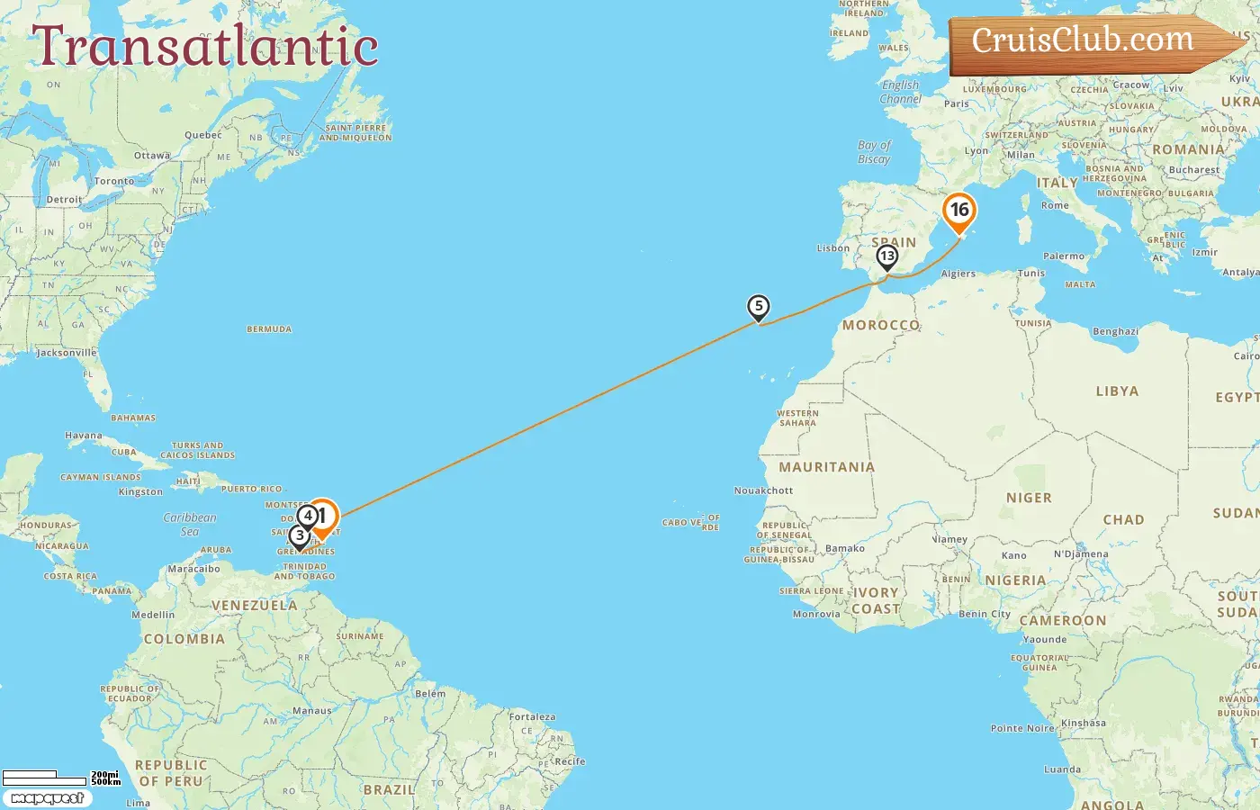 Cruise in the Transatlantic from Bridgetown to Palma aboard Mein Schiff 1 ship with visits to Barbados, Grenada, and Spain for 16 days