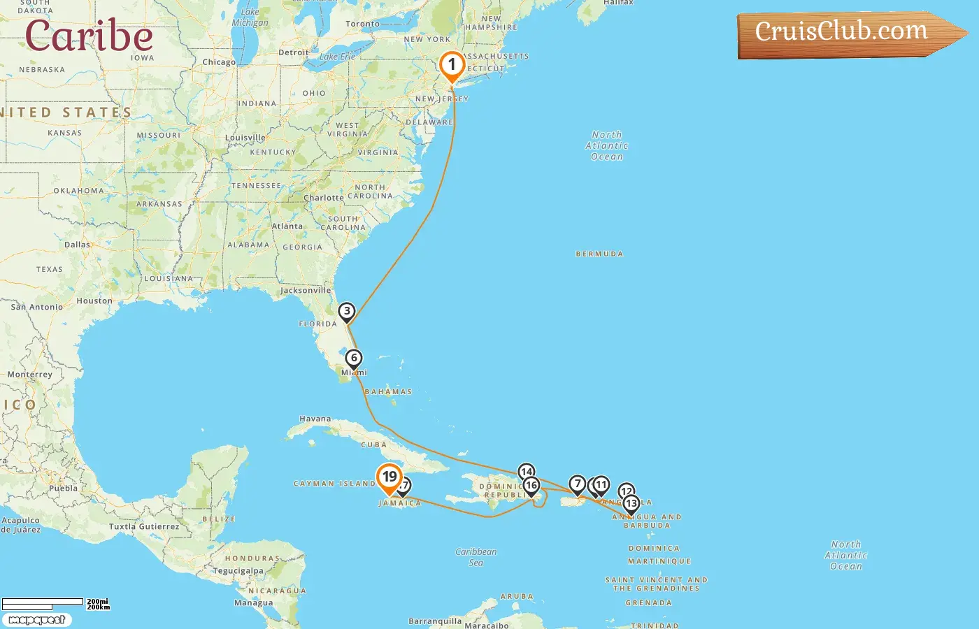 Cruzeiro no Caribe de Nova York a Montego Bay a bordo do navio Mein Schiff 1 com visitas aos EUA, Porto Rico e Jamaica por 19 dias