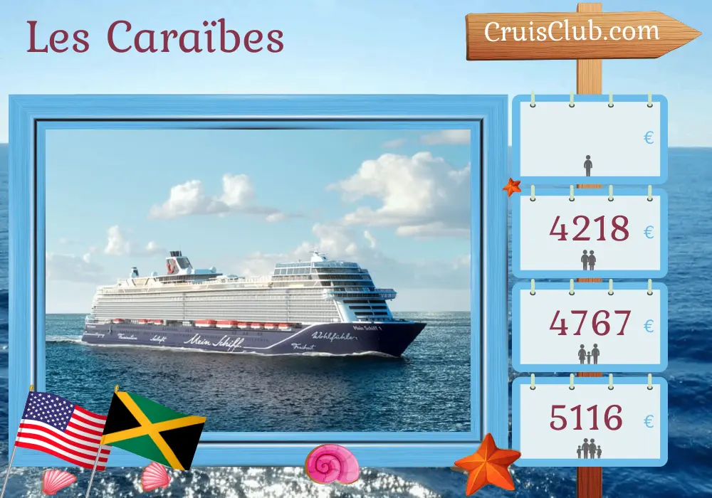 Croisière dans les Caraïbes de New York à Montego Bay à bord du navire Mein Schiff 1 avec des visites aux États-Unis, à Puerto Rico et en Jamaïque pendant 19 jours