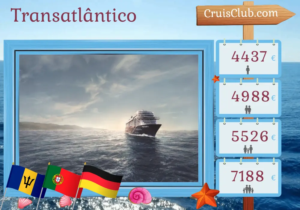 Cruzeiro Transatlântico de La Romana para Hamburgo a bordo do navio Mein Schiff 2 com visitas a São Vicente e Granadinas, Barbados, Portugal e Alemanha por 21 dias