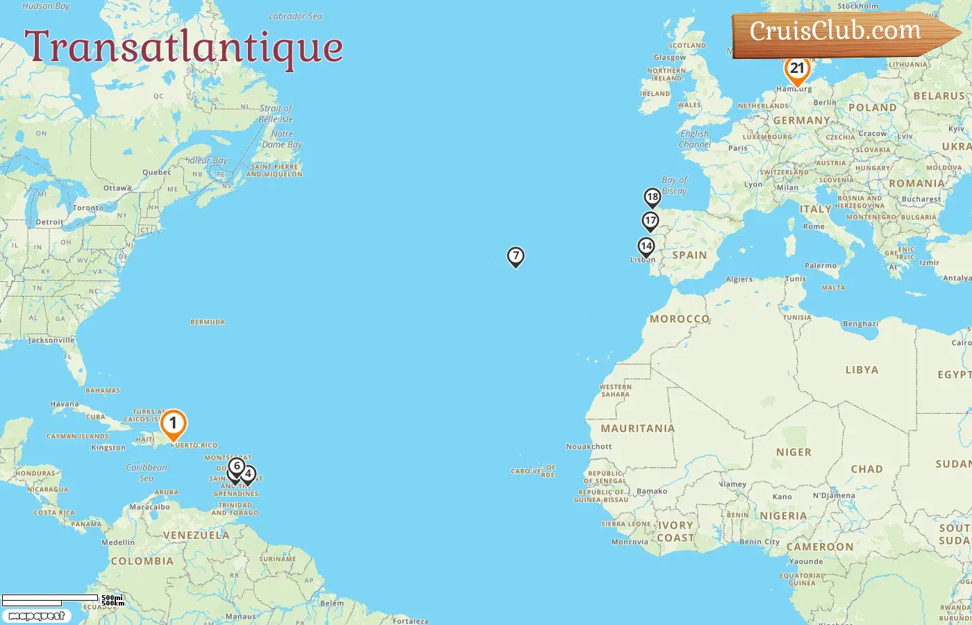 Croisière en Atlantique de La Romana à Hambourg à bord du navire Mein Schiff 2 avec escales à Saint-Vincent et les Grenadines, la Barbade, le Portugal et l`Allemagne pendant 21 jours