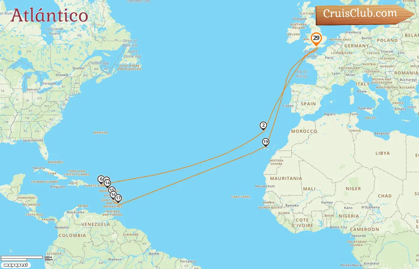 Crucero en el Transatlántico desde Southampton a bordo del buque Queen Victoria con visitas a Barbados y España durante 29 días