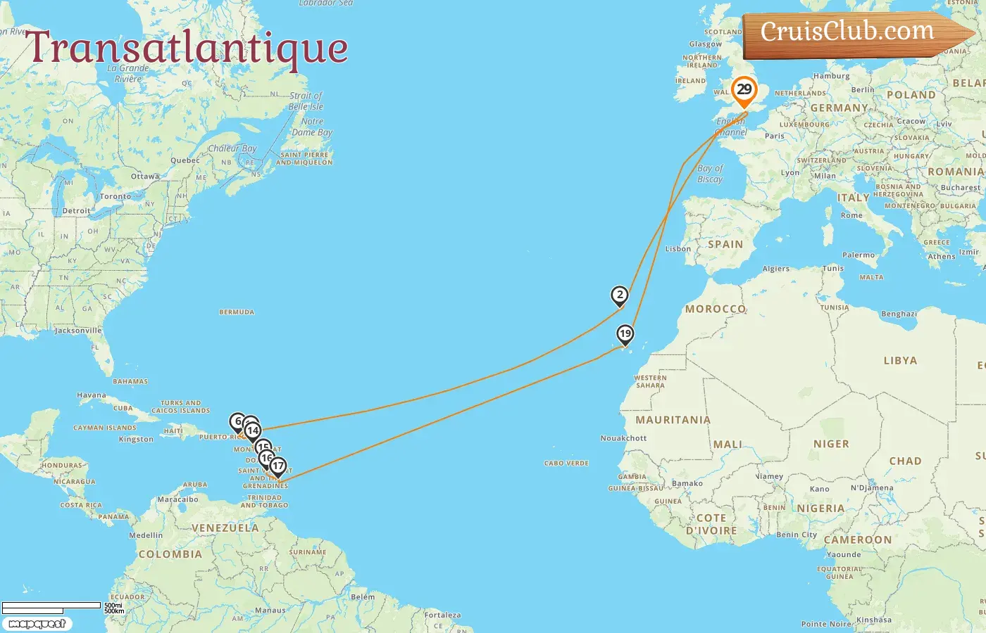 Croisière transatlantique au départ de Southampton à bord du Queen Victoria avec des escales à la Barbade et en Espagne pendant 29 jours