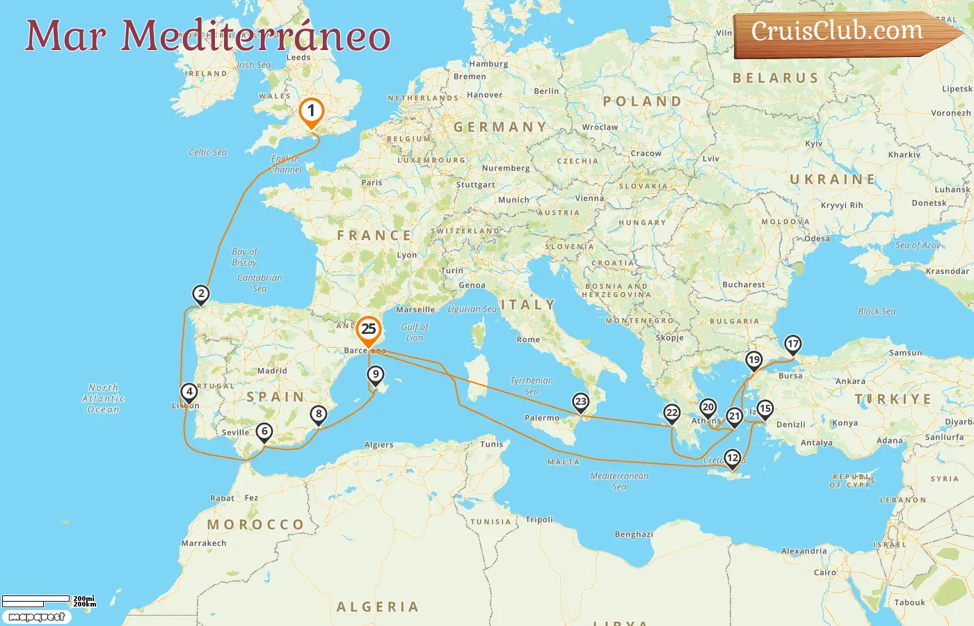 Crucero por el Mediterráneo de Southampton a Barcelona a bordo del barco Queen Victoria con visitas a España, Grecia, Turquía e Italia durante 25 días