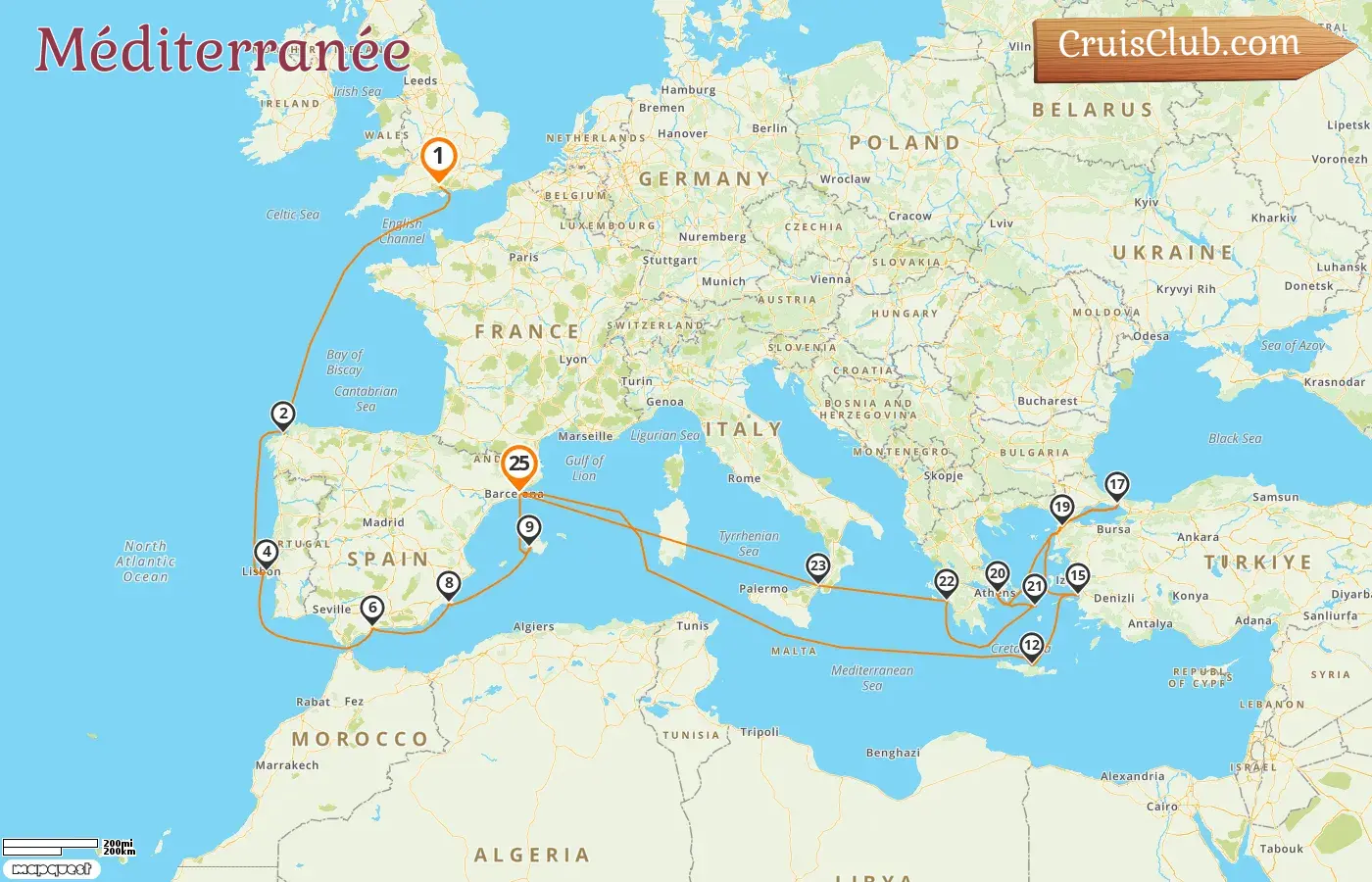 Croisière en Méditerranée de Southampton à Barcelone à bord du navire Queen Victoria avec des escales en Espagne, en Grèce, en Turquie et en Italie pendant 25 jours