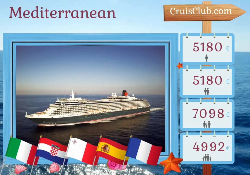 Cruise in the Mediterranean from Trieste to Barcelona aboard Queen Victoria ship with visits to Italy, Croatia, Malta, Spain, and France for 15 days