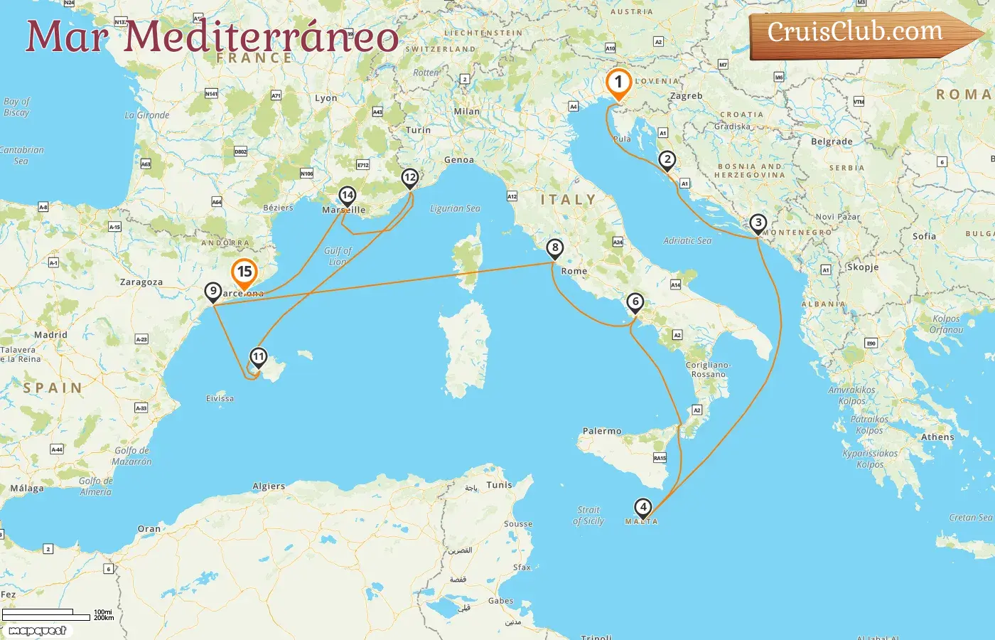 Crucero por el Mediterráneo desde Trieste a Barcelona a bordo del barco Queen Victoria con visitas a Italia, Croacia, Malta, España y Francia durante 15 días