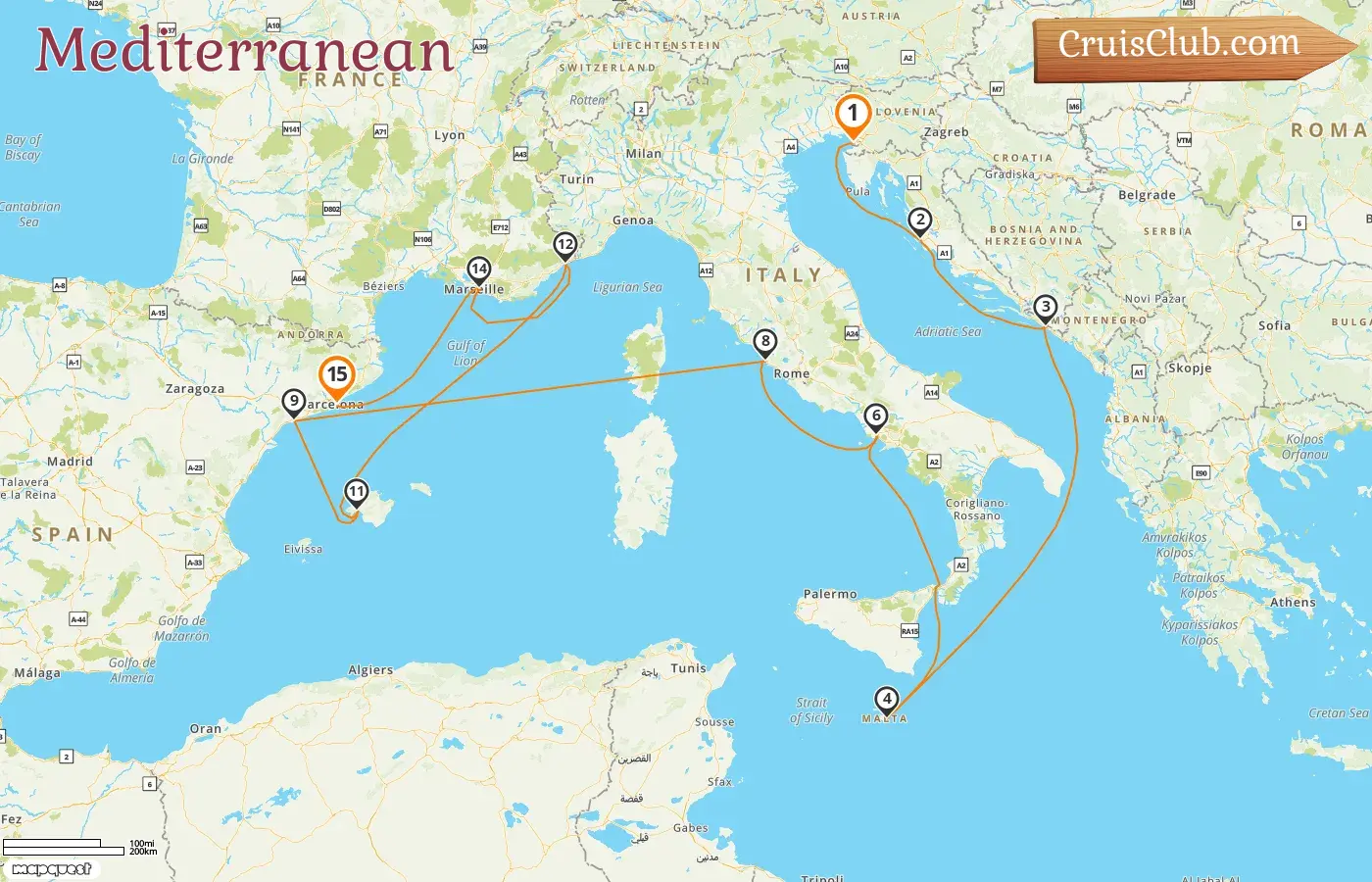 Cruise in the Mediterranean from Trieste to Barcelona aboard Queen Victoria ship with visits to Italy, Croatia, Malta, Spain, and France for 15 days