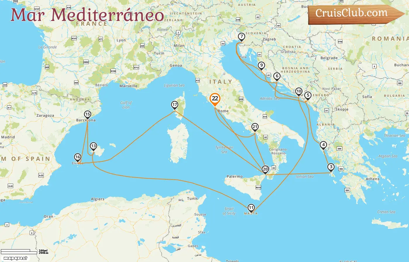Crucero en el Mediterráneo desde Civitavecchia a bordo del Queen Victoria con visitas a Italia, Grecia, Montenegro, Croacia, Malta, España y Francia por 22 días