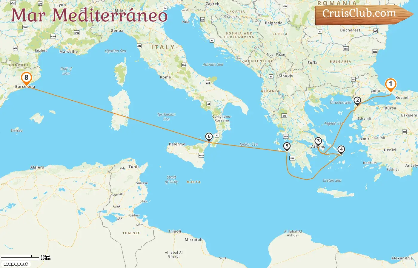 Crucero por el Mediterráneo desde Estambul hasta Barcelona a bordo del barco Queen Victoria con visitas a Turquía, Grecia, Italia y España durante 8 días