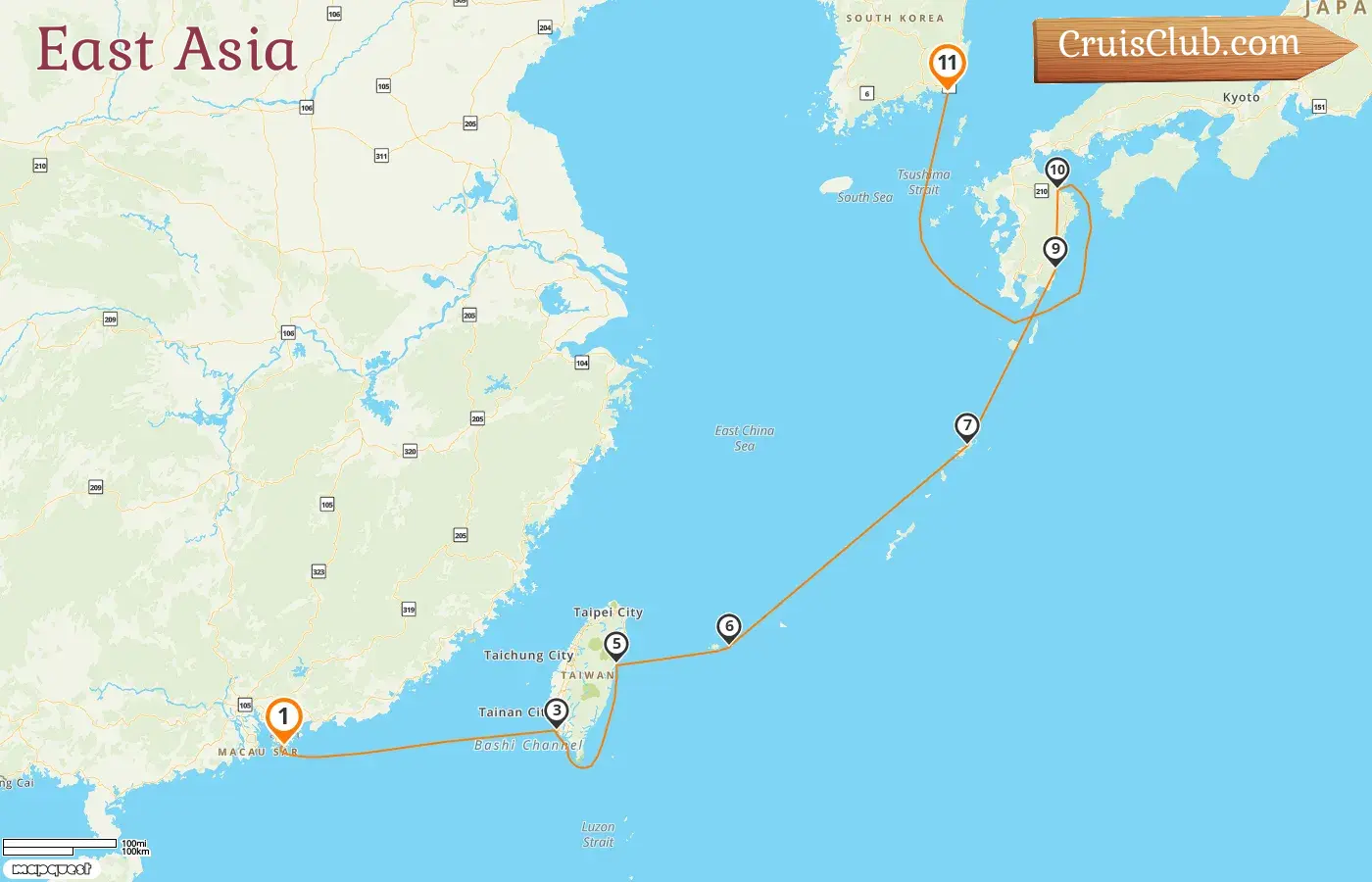 Kreuzfahrt in Ostasien von Hongkong nach Busan an Bord des Schiffes Seabourn Sojourn mit Stopps in Hongkong, Taiwan, Japan und Südkorea für 11 Tage