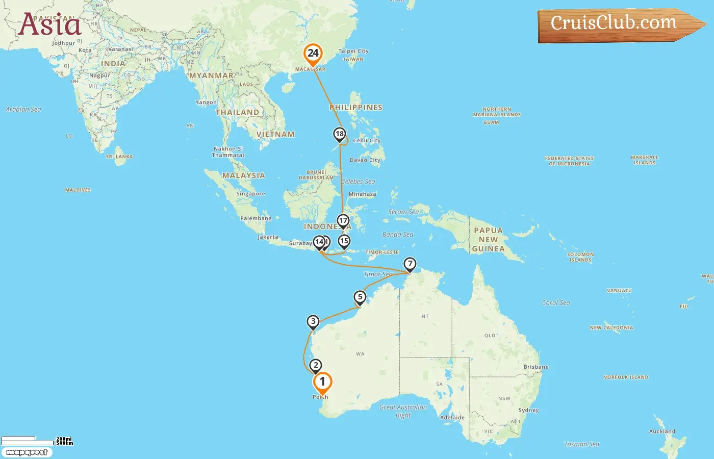 Crucero de Asia desde Perth a Hong Kong a bordo del barco Seabourn Sojourn con visitas a Australia, Indonesia, Filipinas y Hong Kong durante 24 días