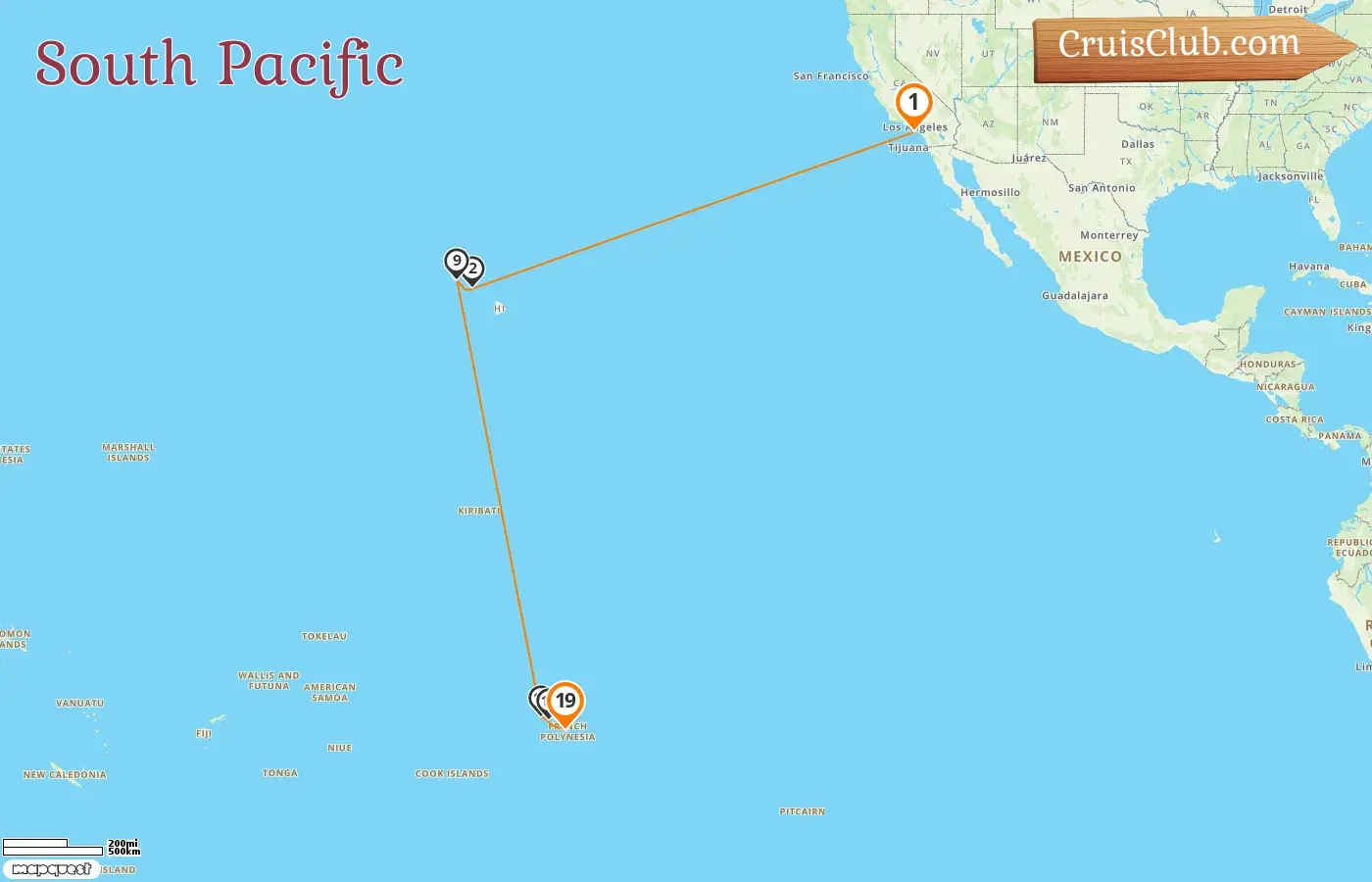 Cruise in the South Pacific from Long Beach to Papeete aboard Seabourn Sojourn ship with visits to USA and French Polynesia for 19 days