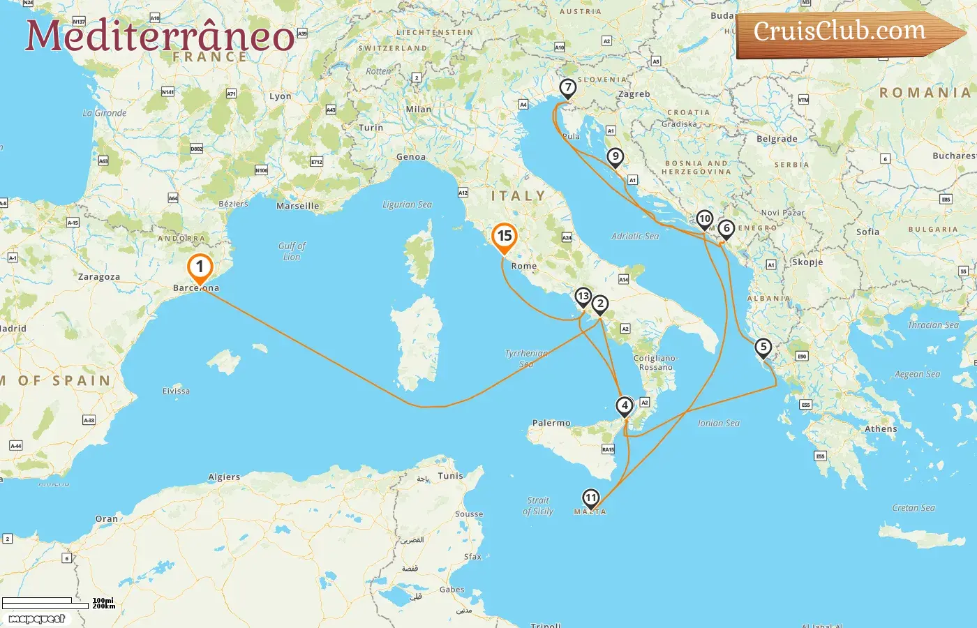 Cruzeiro no Mediterrâneo de Barcelona a Civitavecchia a bordo do navio Queen Victoria com visitas à Espanha, Itália, Grécia, Montenegro, Croácia e Malta por 15 dias