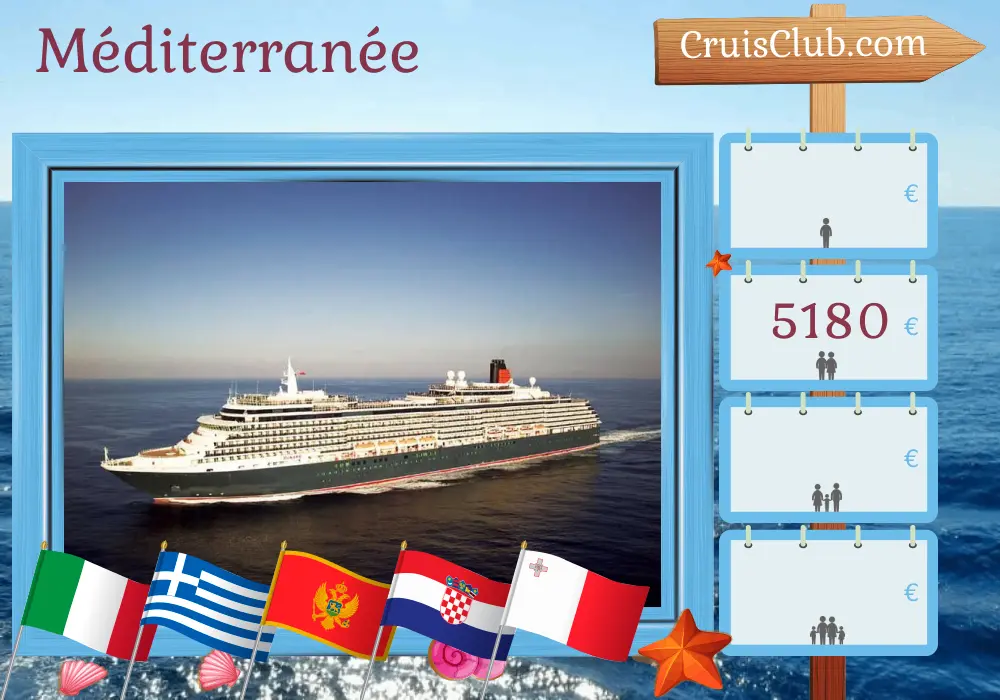 Croisière en Méditerranée depuis Civitavecchia à bord du navire Queen Victoria avec des visites en Italie, en Grèce, au Monténégro, en Croatie et à Malte pendant 15 jours