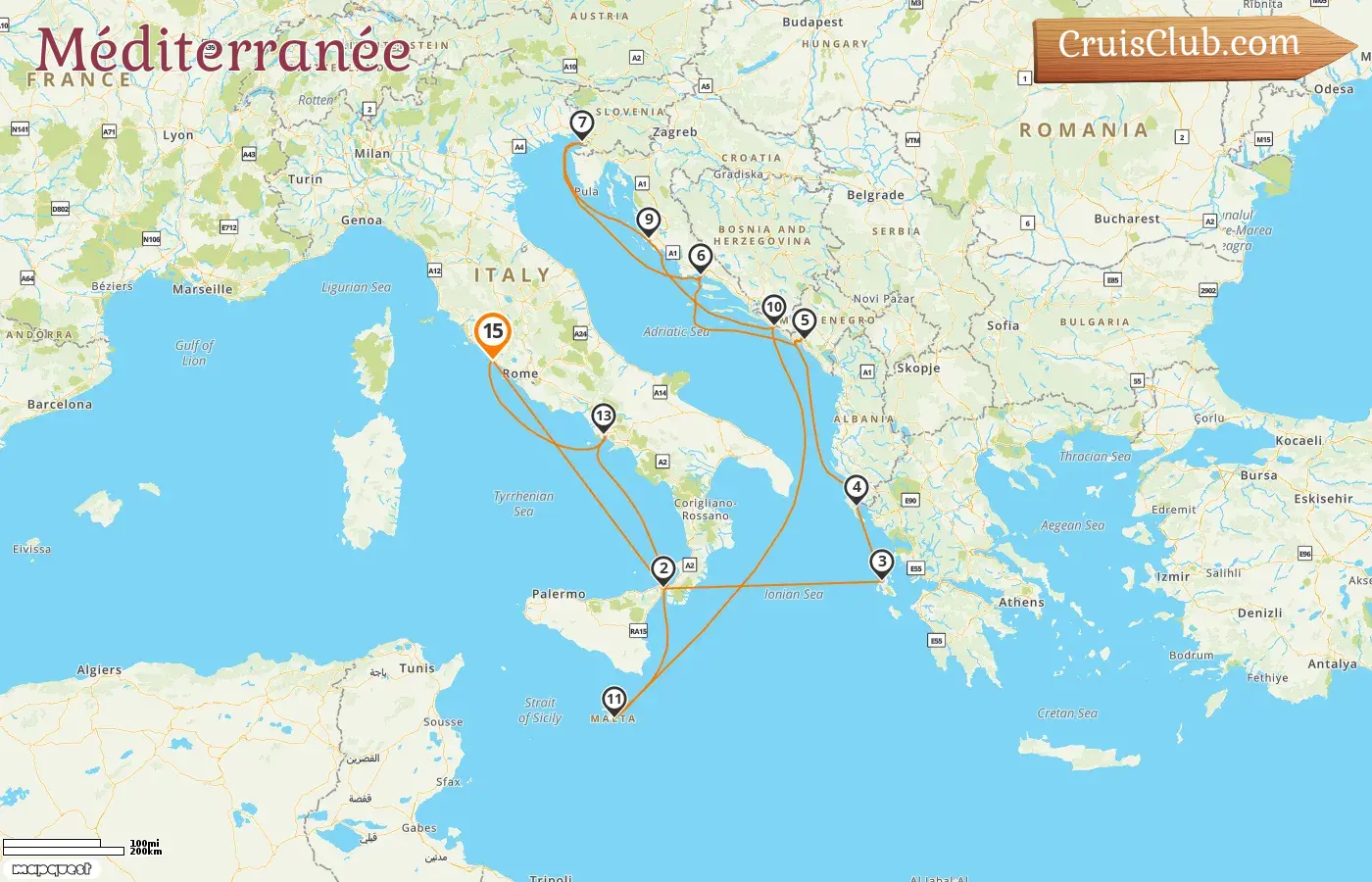 Croisière en Méditerranée depuis Civitavecchia à bord du navire Queen Victoria avec des visites en Italie, en Grèce, au Monténégro, en Croatie et à Malte pendant 15 jours