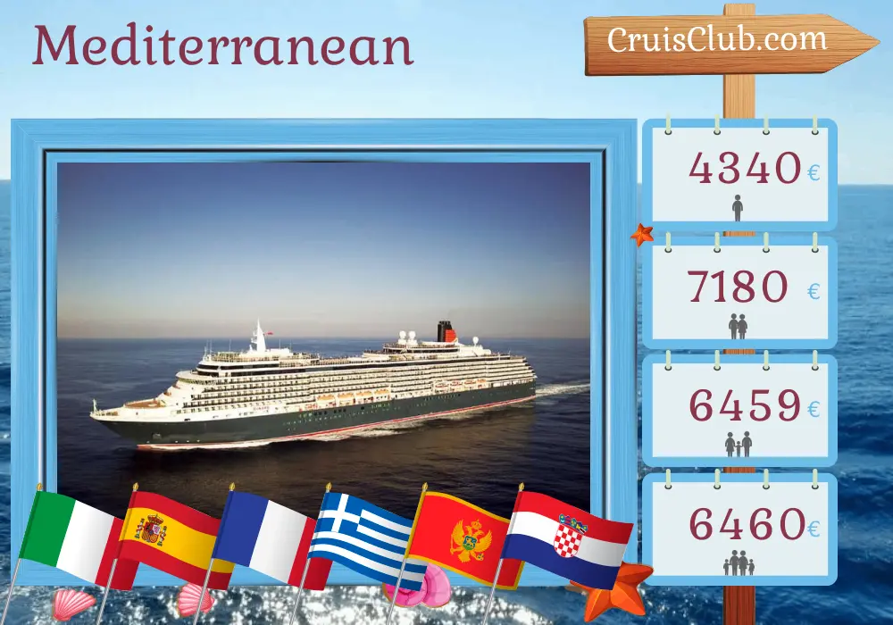 Cruise in the Mediterranean from Civitavecchia to Trieste aboard Queen Victoria ship with visits to Italy, Spain, France, Greece, Montenegro, and Croatia for 22 days