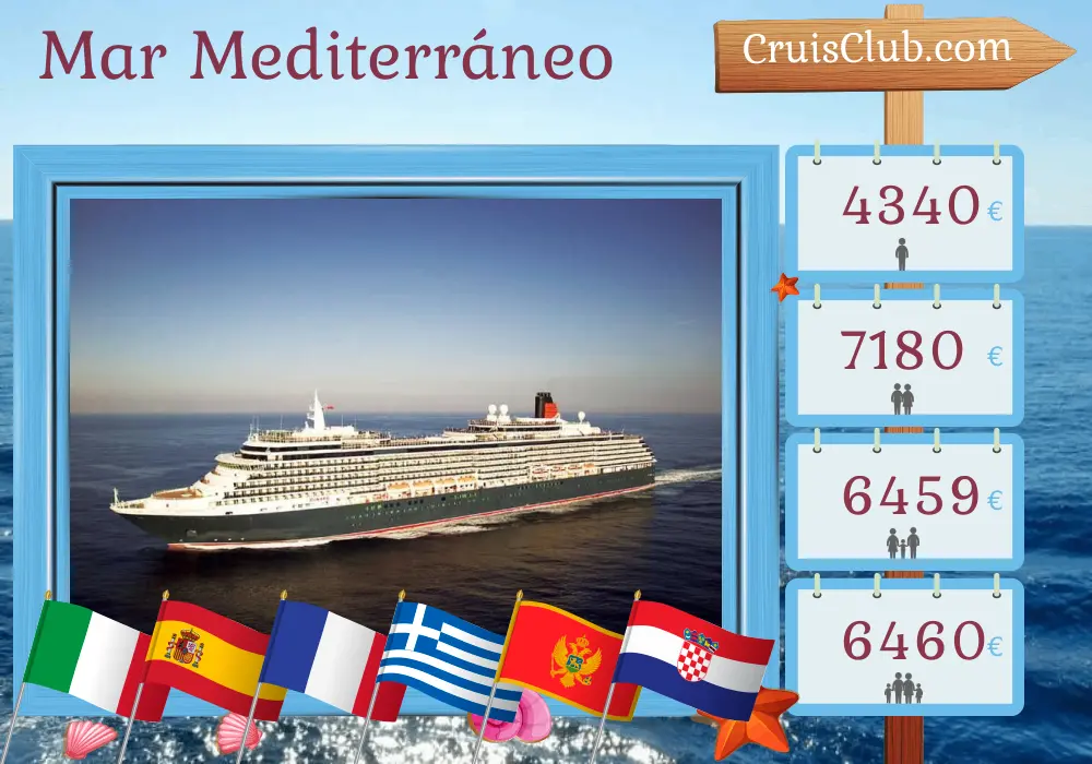 Crucero por el Mediterráneo de Civitavecchia a Trieste a bordo del barco Queen Victoria con visitas a Italia, España, Francia, Grecia, Montenegro y Croacia durante 22 días