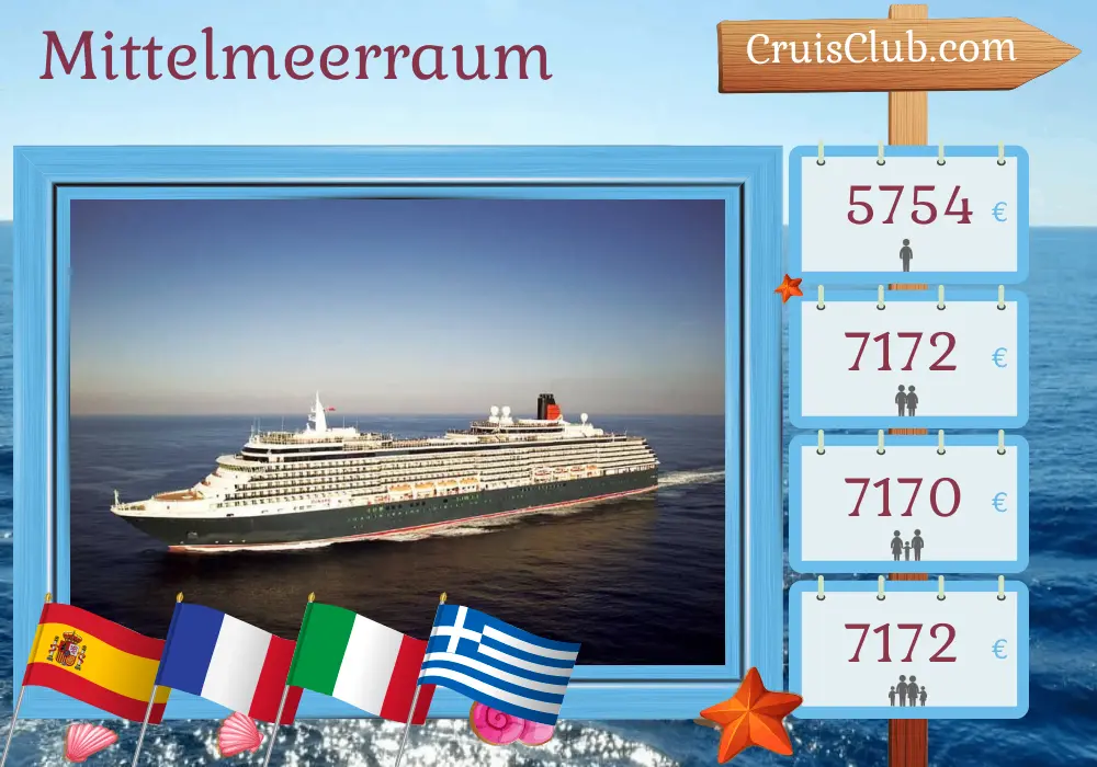 Kreuzfahrt im Mittelmeer von Barcelona nach Istanbul an Bord des Schiffes Queen Victoria mit Besuchen in Spanien, Frankreich, Italien, Griechenland und der Türkei für 22 Tage