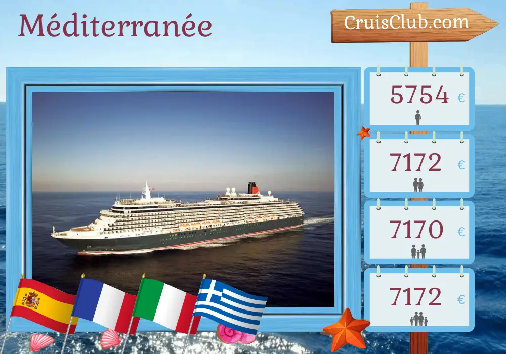 Croisière en Méditerranée de Barcelone à Istanbul à bord du navire Queen Victoria avec visites en Espagne, en France, en Italie, en Grèce et en Turquie pendant 22 jours