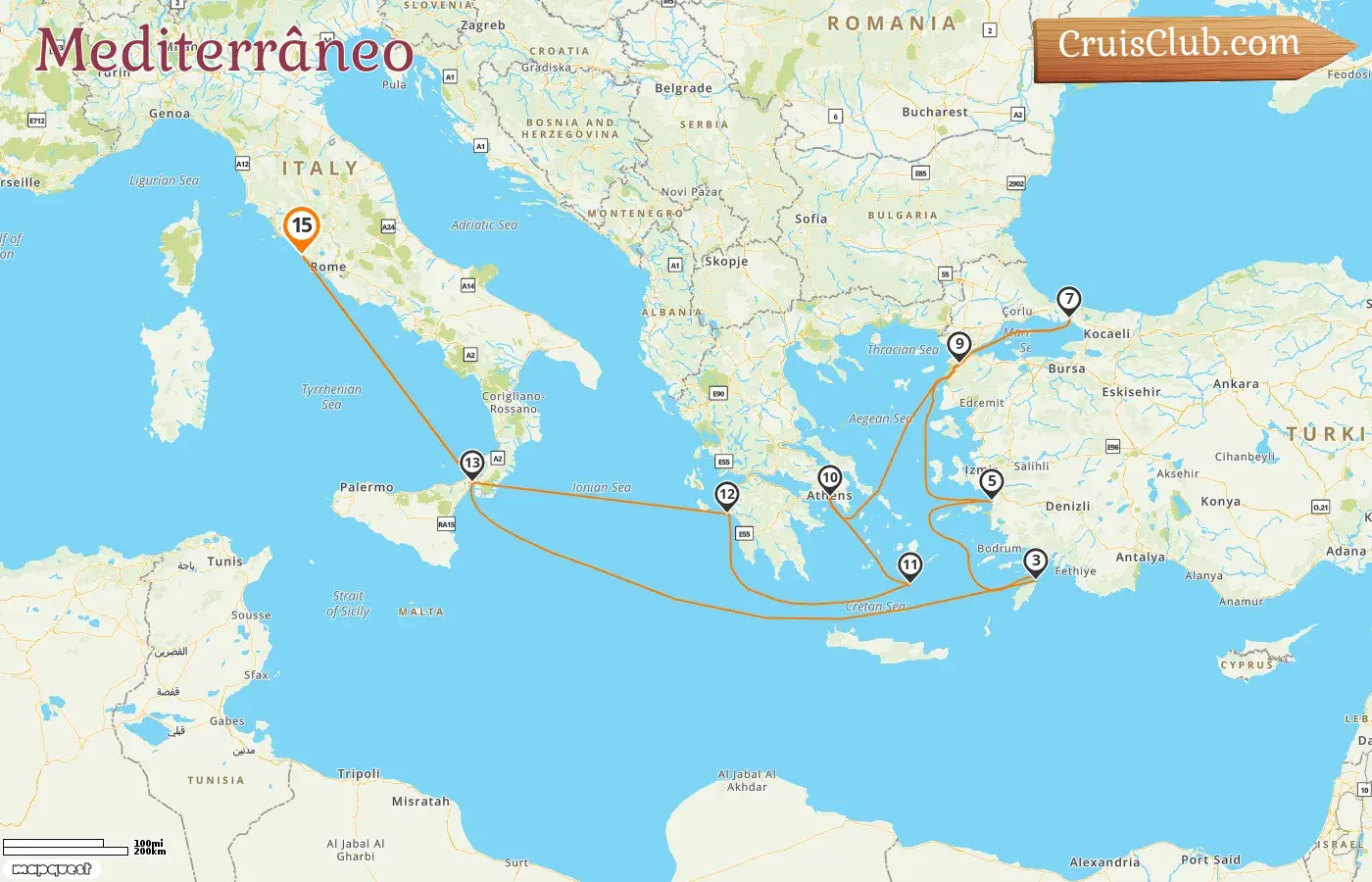 Cruzeiro no Mediterrâneo a partir de Civitavecchia a bordo do navio Queen Victoria com visitas à Itália, Grécia e Turquia por 15 dias