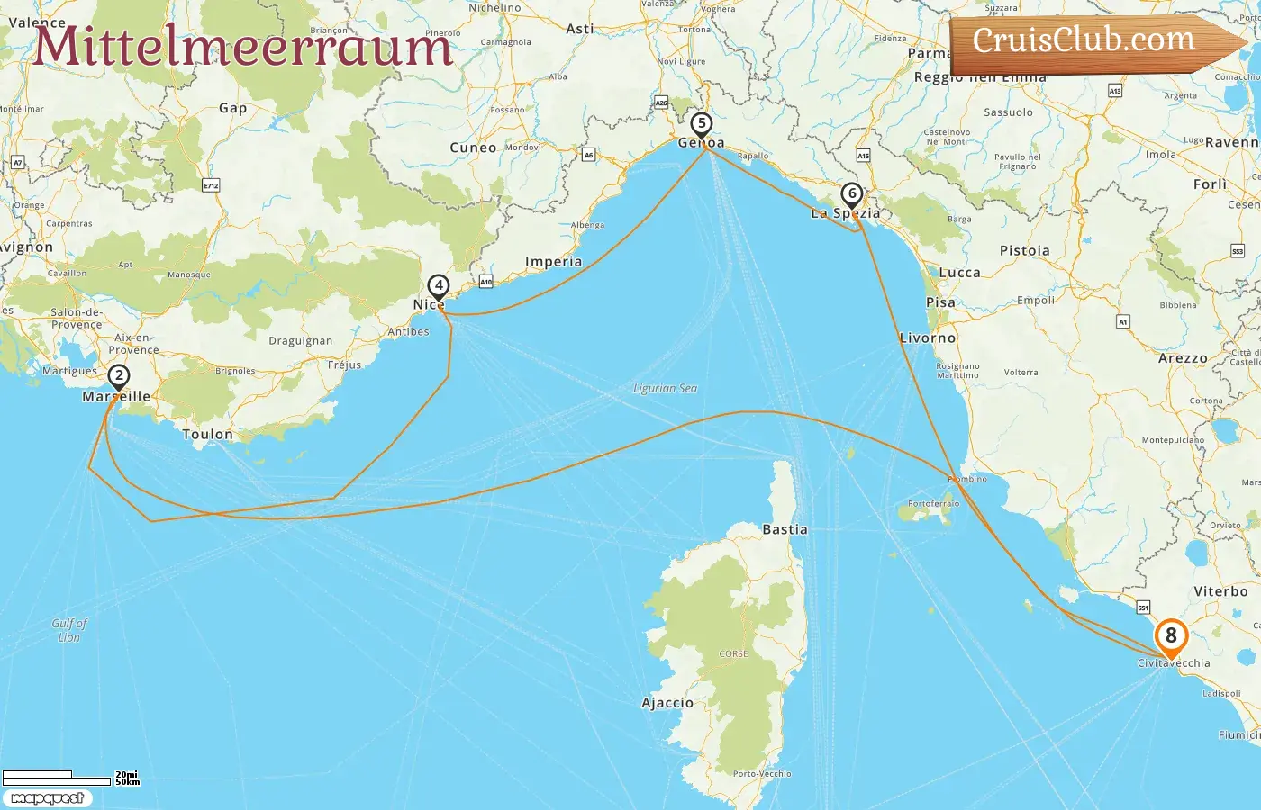 Kreuzfahrt im Mittelmeer von Civitavecchia an Bord des Schiffes Queen Victoria mit Besuchen in Italien und Frankreich für 8 Tage