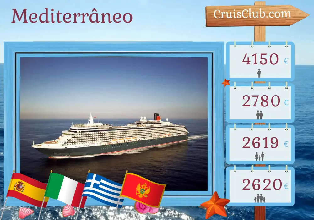 Cruzeiro no Mediterrâneo de Barcelona para Trieste a bordo do navio Queen Victoria com visitas a Espanha, Itália, Grécia e Montenegro por 8 dias