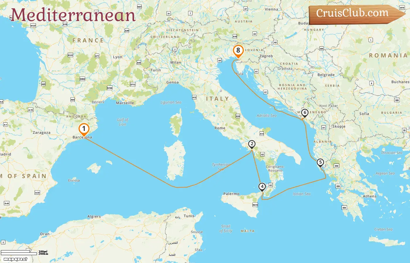 Cruise in the Mediterranean from Barcelona to Trieste aboard Queen Victoria ship with visits to Spain, Italy, Greece, and Montenegro for 8 days